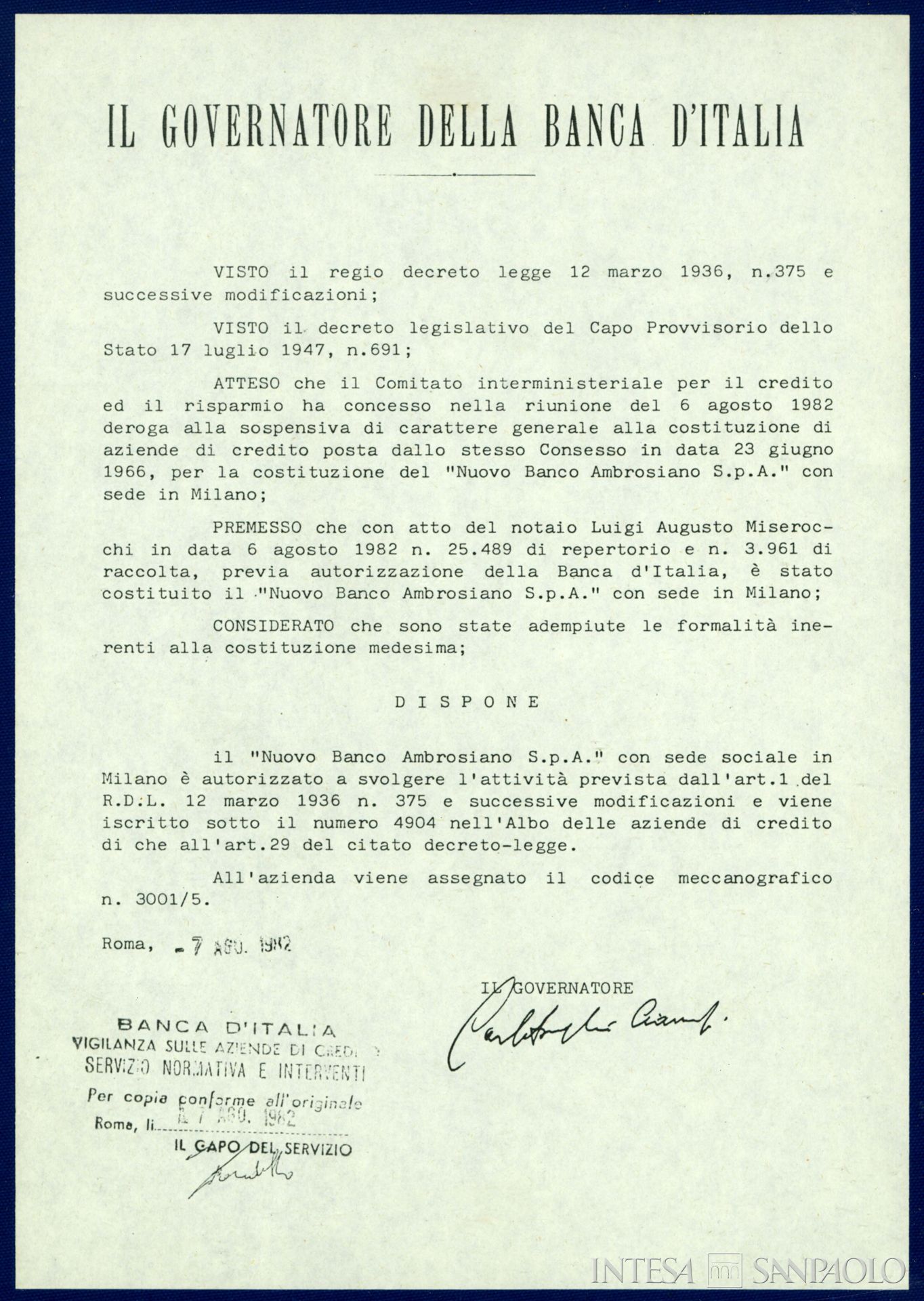 Nuovo Banco Ambrosiano, atto di costituzione, 1982