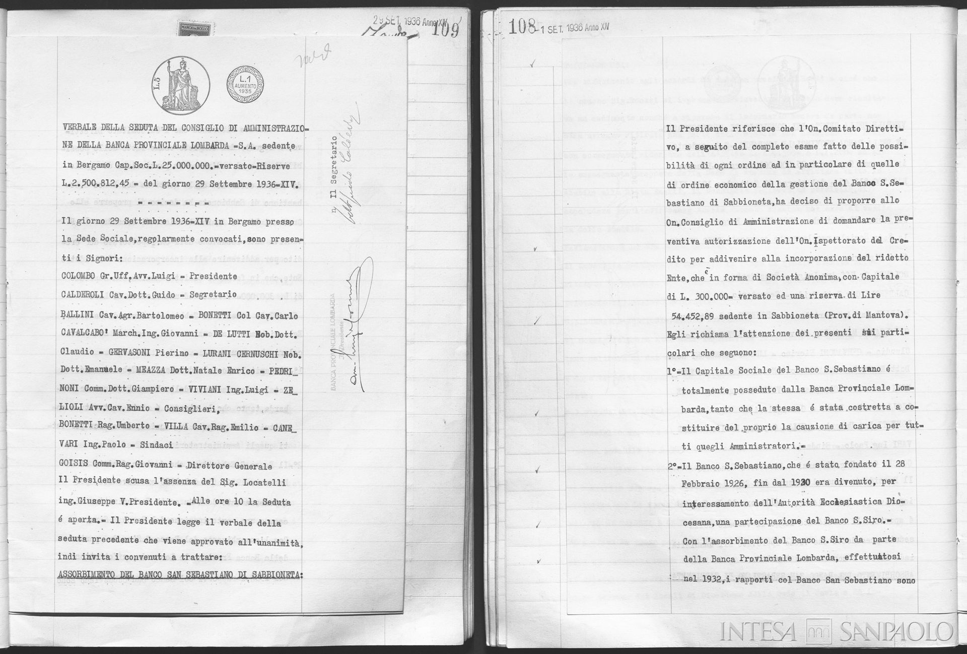 Banco San Sebastiano, pagine estratte dai Verbali del Consiglio di Amministrazione della Banca Provinciale Lombarda relative alla proposta di assorbimento dell'istituto, 29 settembre 1936