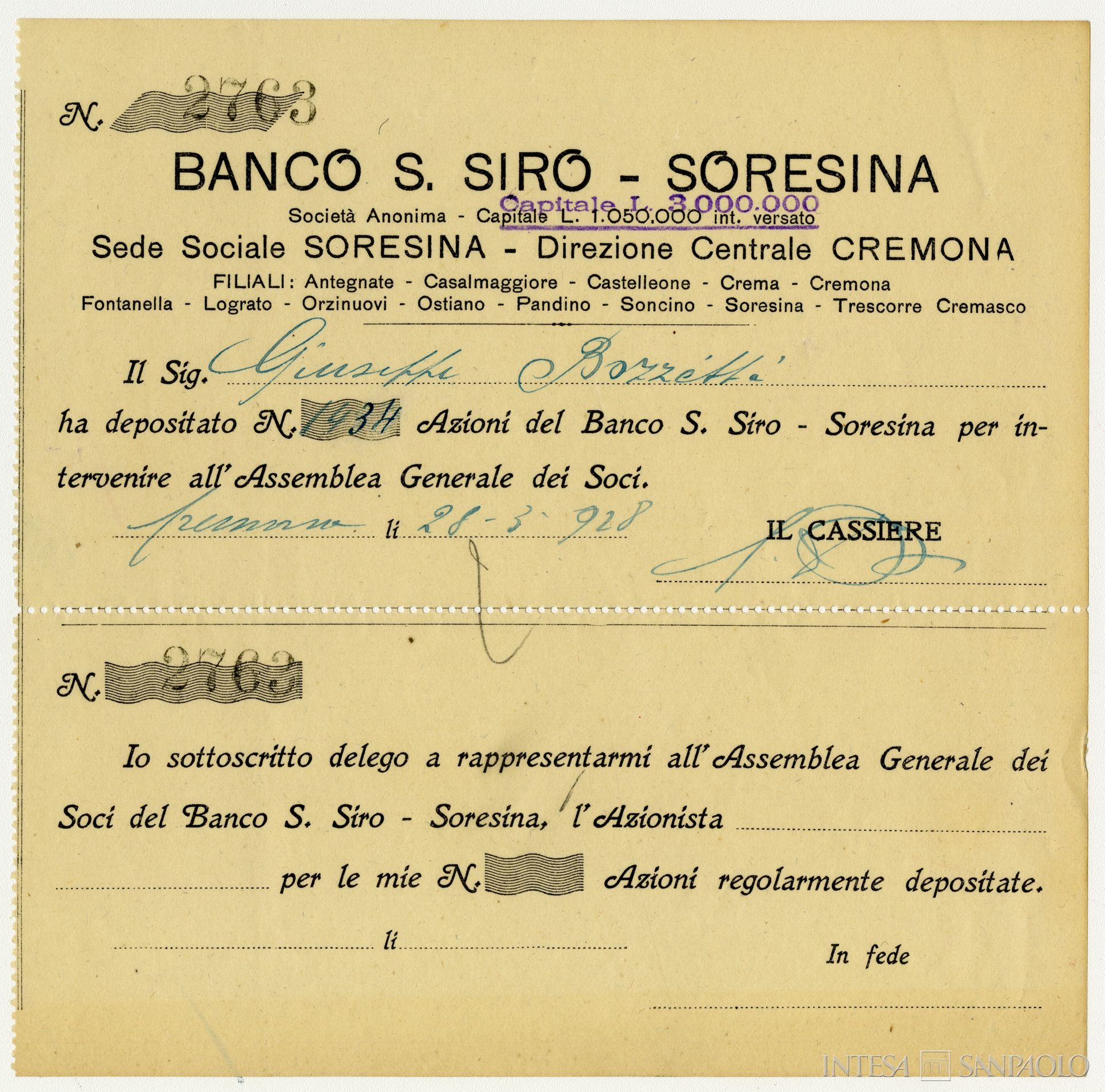 Banco San Siro, talloncino per la partecipazione all'Assemblea Generale dei Soci, 1928