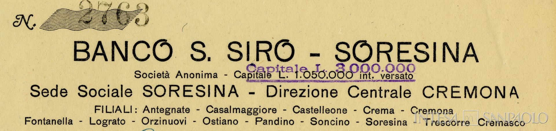 Banco San Siro, intestazione del talloncino, 1928