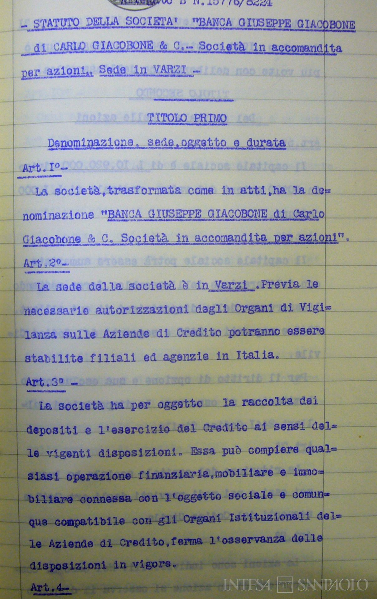 Banca Giacobone, estratto della copia conforme dello statuto realizzata nel 1961