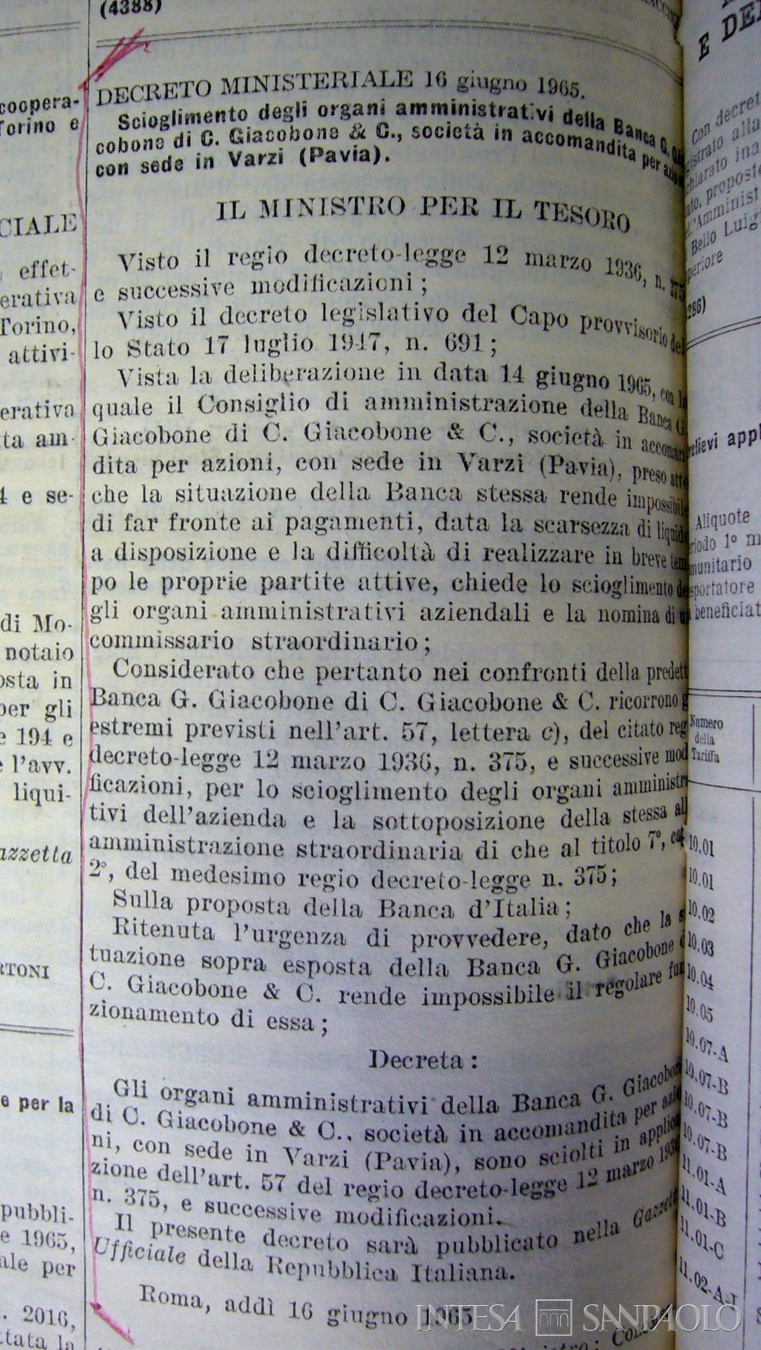 Banca Giacobone, pubblicazione del decreto ministeriale del 16 giugno 1965 con cui vengono sciolti gli organi amministrativi della banca, 1965
