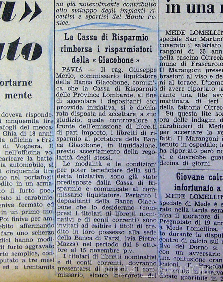 Banca Giacobone, particolare di un articolo dedicato al rimborso dei risparmiatori dell'Istituto operata dalla Cassa di Risparmio delle Provincie Lombarde dopo la sua incorporazione, tratto da La notte del 21 giugno 1965