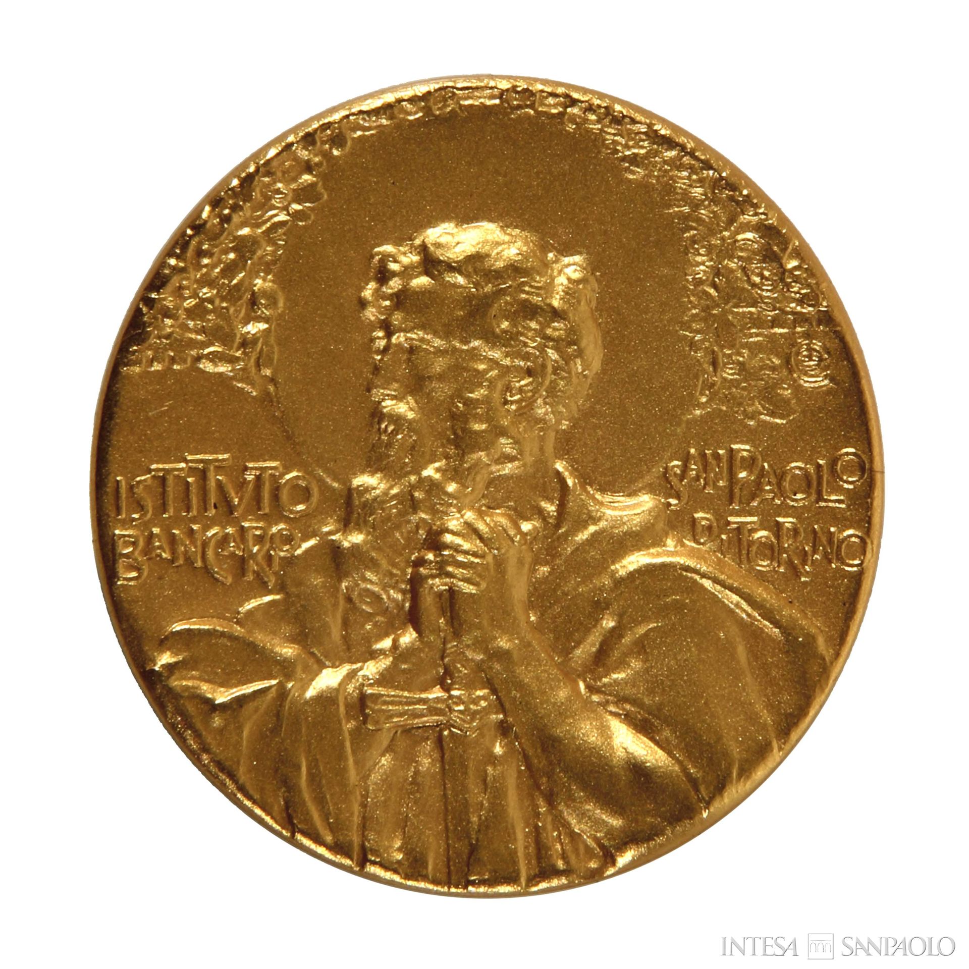Istituto Bancario San Paolo di Torino, recto della medaglia per le celebrazioni del quarto centenario, 1963 (coniata dalla ditta Stefano Johnson, su prototipo di Davide Calandra)