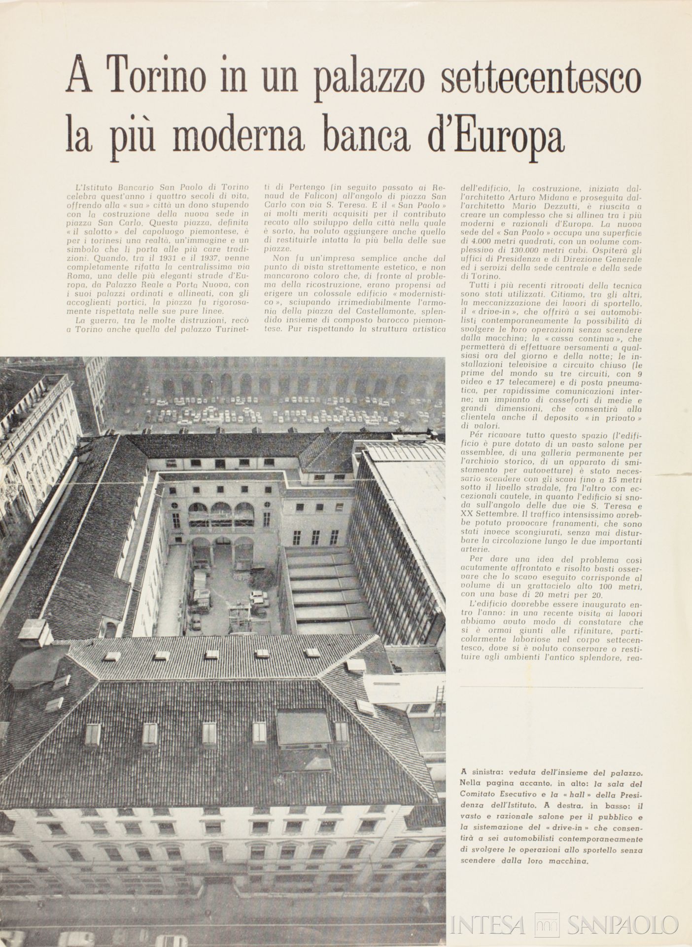 Istituto Bancario San Paolo di Torino, Torino, Palazzo Turinetti, sede della banca in piazza San Carlo, pagina di un opuscolo a stampa diffuso in occasione del quarto centenario dell'Istituto bancario San Paolo di Torino, 1963 (Archivio Storico Compagnia di San Paolo)