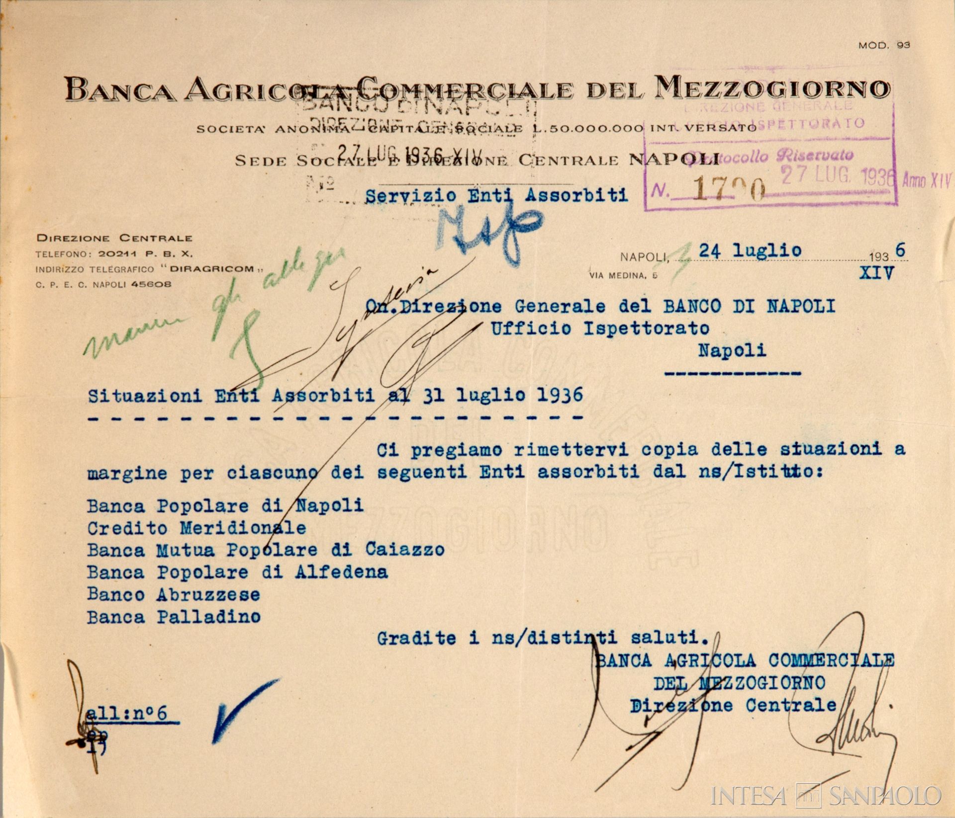 Corrispondenza tra la Direzione Centrale dell'Agricom e quella del Banco di Napoli sulle situazioni degli Enti Assorbiti al 31 luglio 1936 (Archivio Storico del Banco di Napoli)