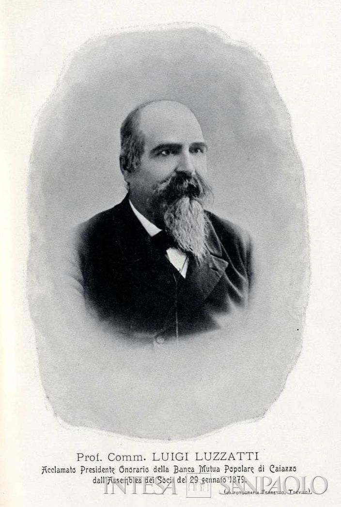 Banca Mutua Popolare di Caiazzo, il professor Luigi Luzzati, Presidente Onorario, fotografia datata 29 gennaio 1879 tratta da I primi ventiquattro anni della Banca mutua popolare di Caiazzo: cenni storici con documenti, figure e tavole illustrative compilati dal cavalier Giuseppe Faraone, 1902 (Fotografia Ferretto)