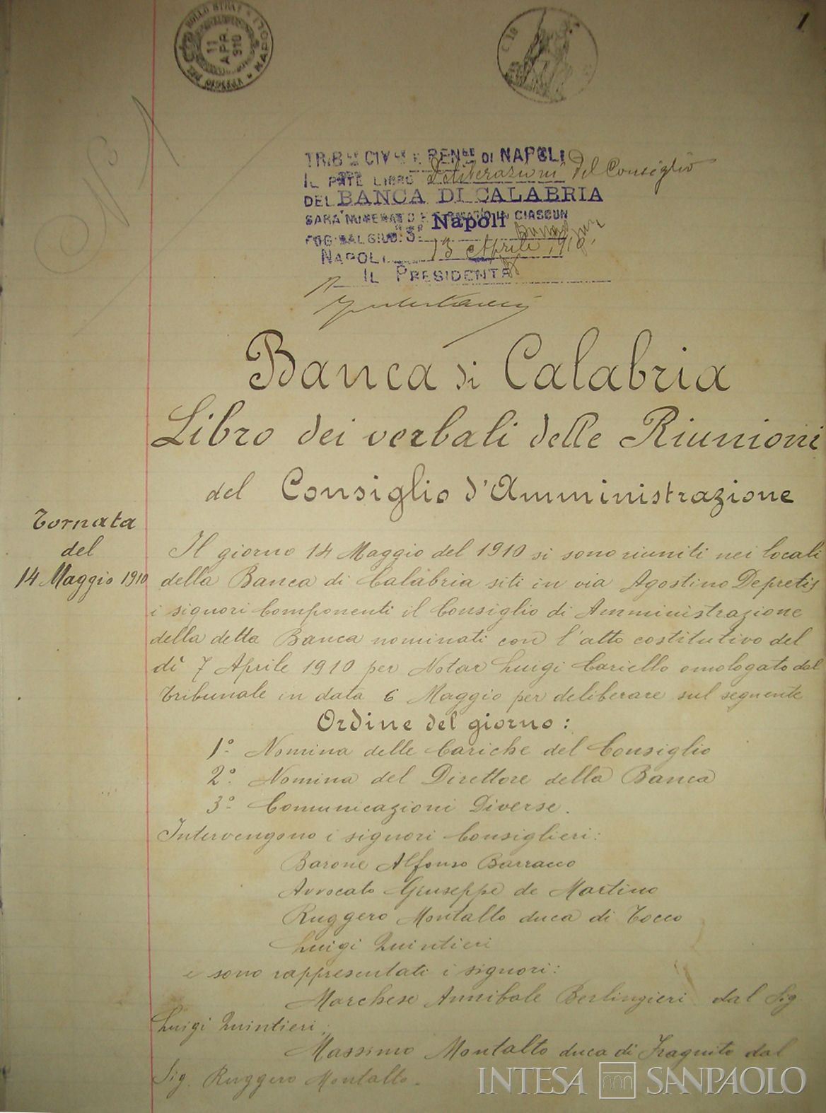 Banca di Calabria, estratto del verbale del Consiglio di Amministrazione, seduta del 14 maggio 1910