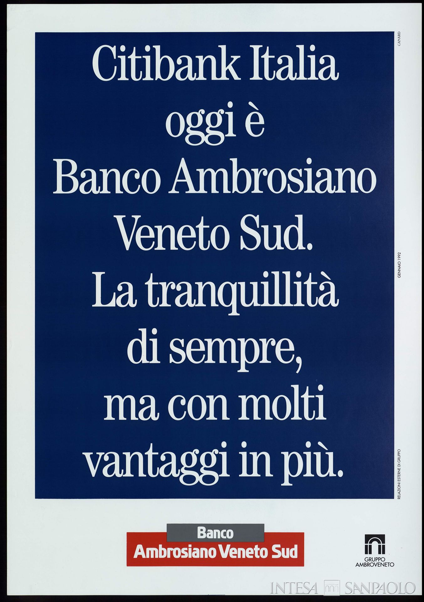 Banco Ambrosiano Veneto Sud, manifesto pubblicitario che annuncia che Citybank Italia divenuto Banco Ambrosiano Veneto Sud, 1992 (illustrazione di Canard)
