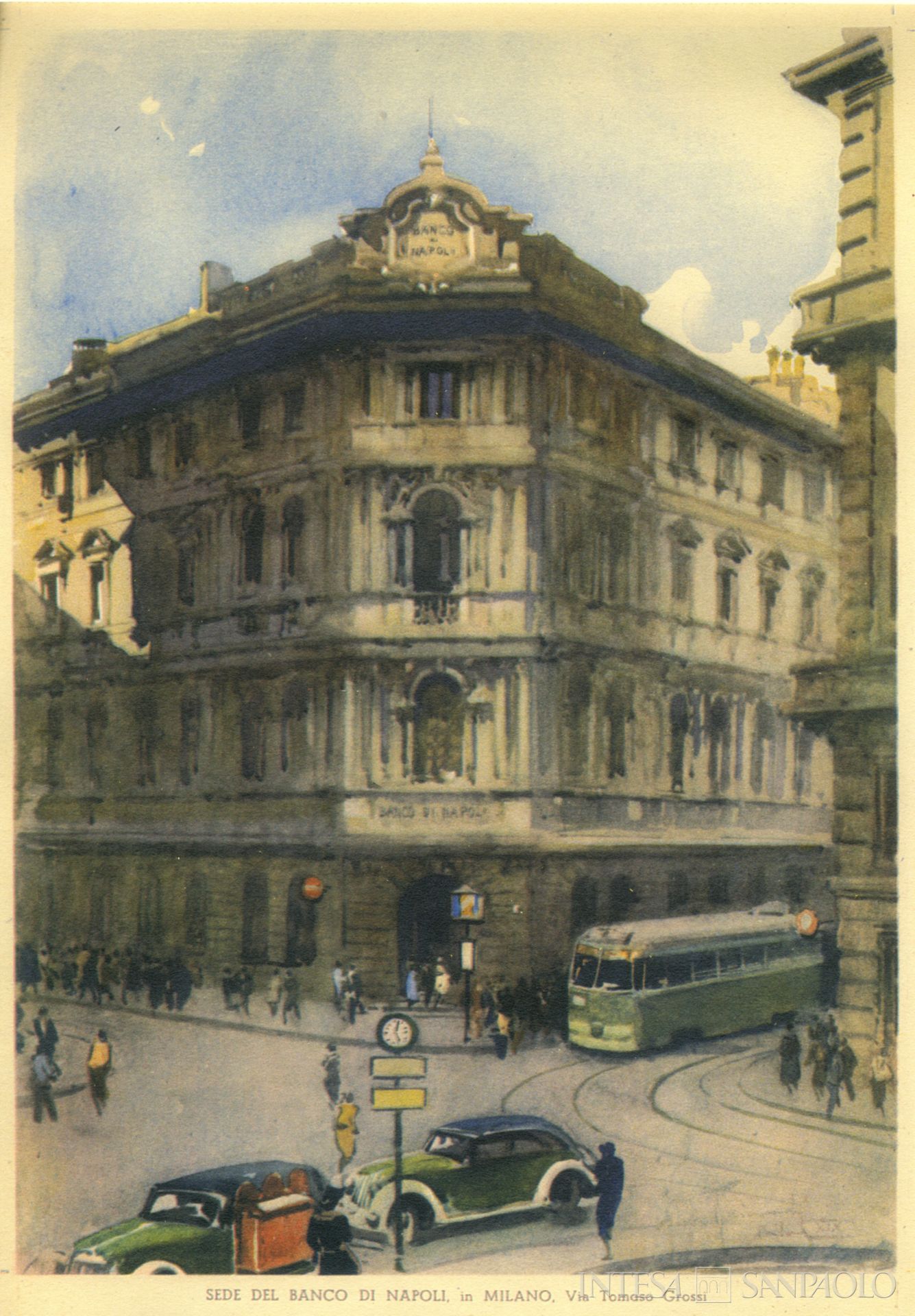 Banco di Napoli, sede milanese dell'istituto, illustrazione tratta da un calendario datato 1942 (illustrazione di Giuseppe Riccobaldi)