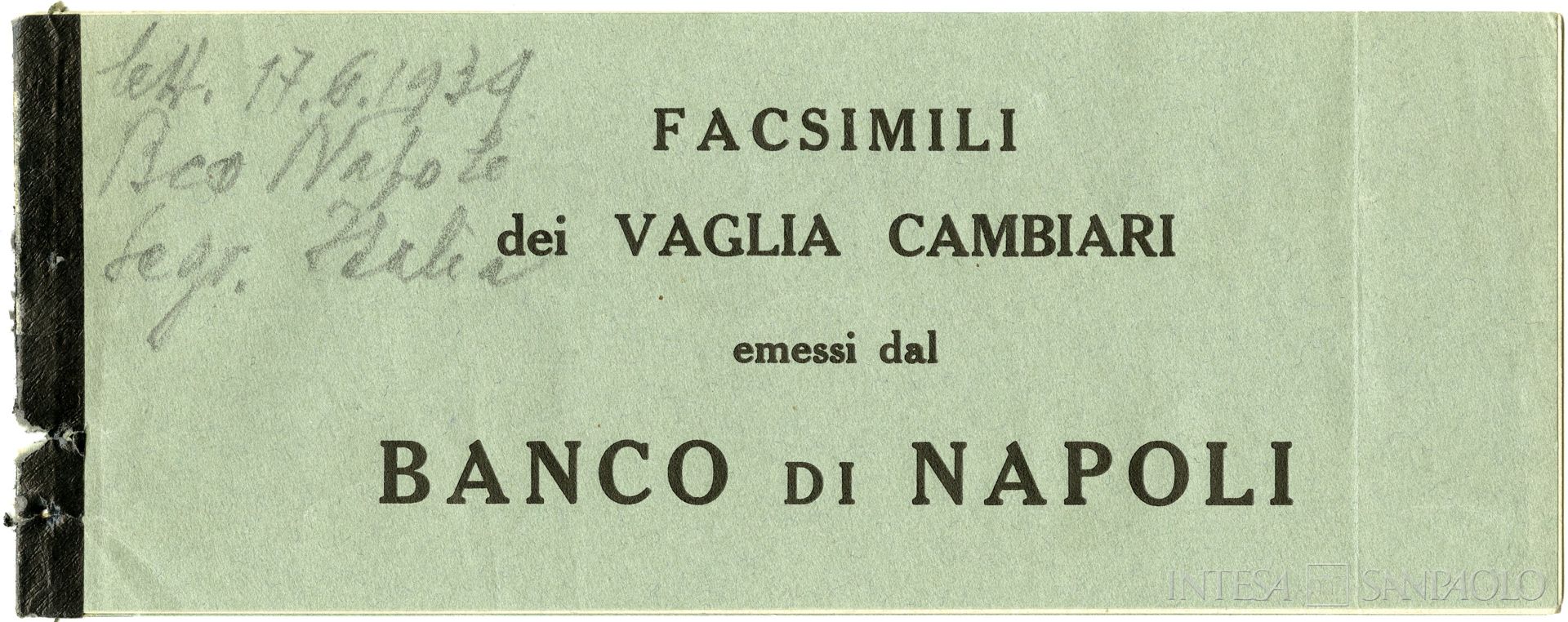 Banco di Napoli, copertina di facsimile dei vaglia cambiari, 1939