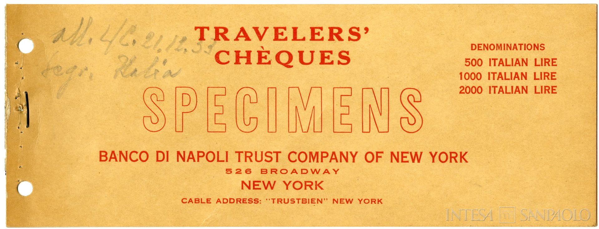 Banco di Napoli Trust Company di New York, specimens di travelers' chèques, 1933