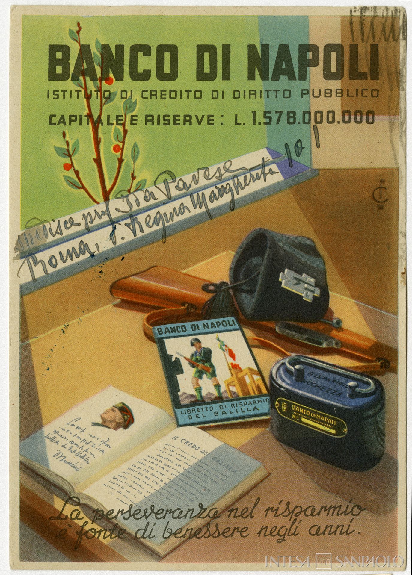 Banco di Napoli, cartolina sulla propaganda del risparmio, 1941 circa