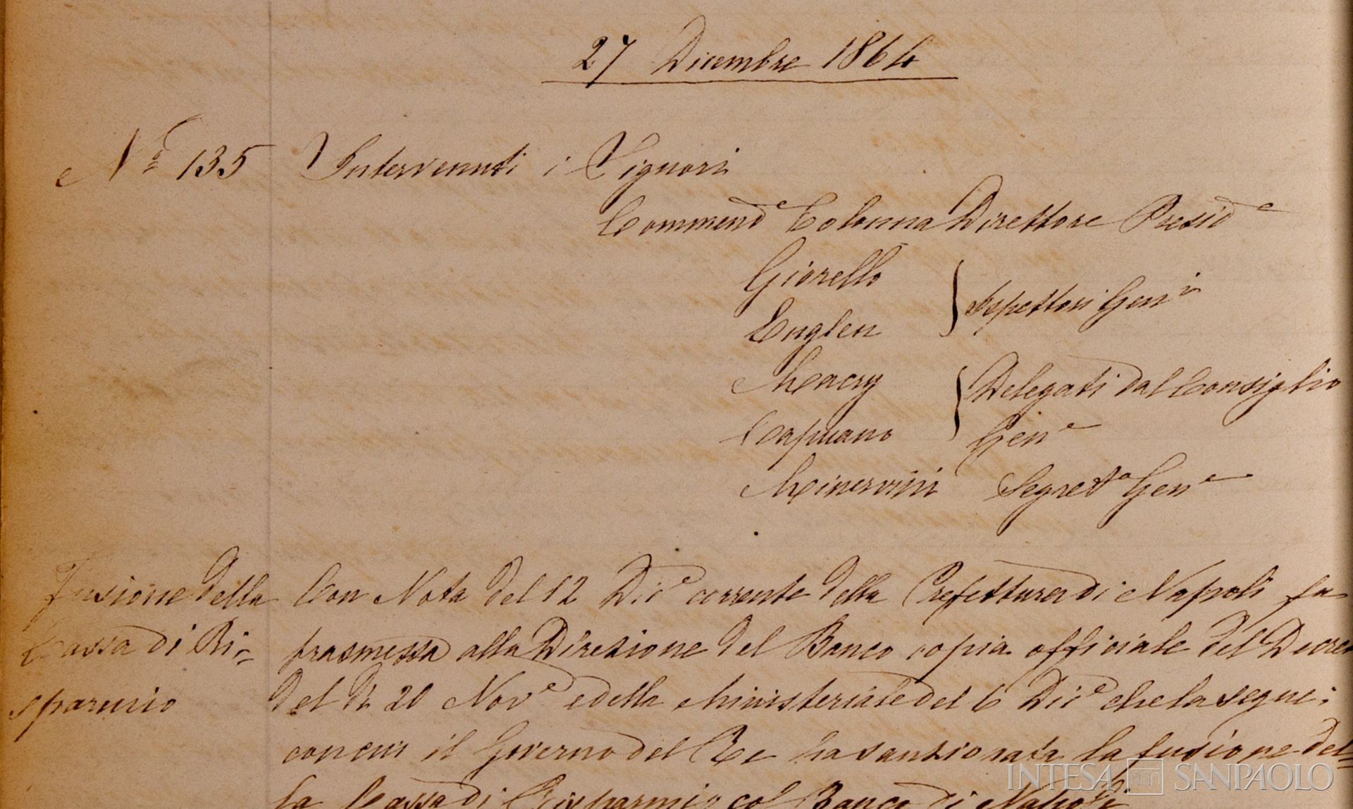 Banco di Napoli, Verbali del Consiglio di Amministrazione, particolare della delibera n. 1 relativa alla fusione della Cassa di Risparmio, 27 dicembre 1864 (Archivio Storico del Banco di Napoli)