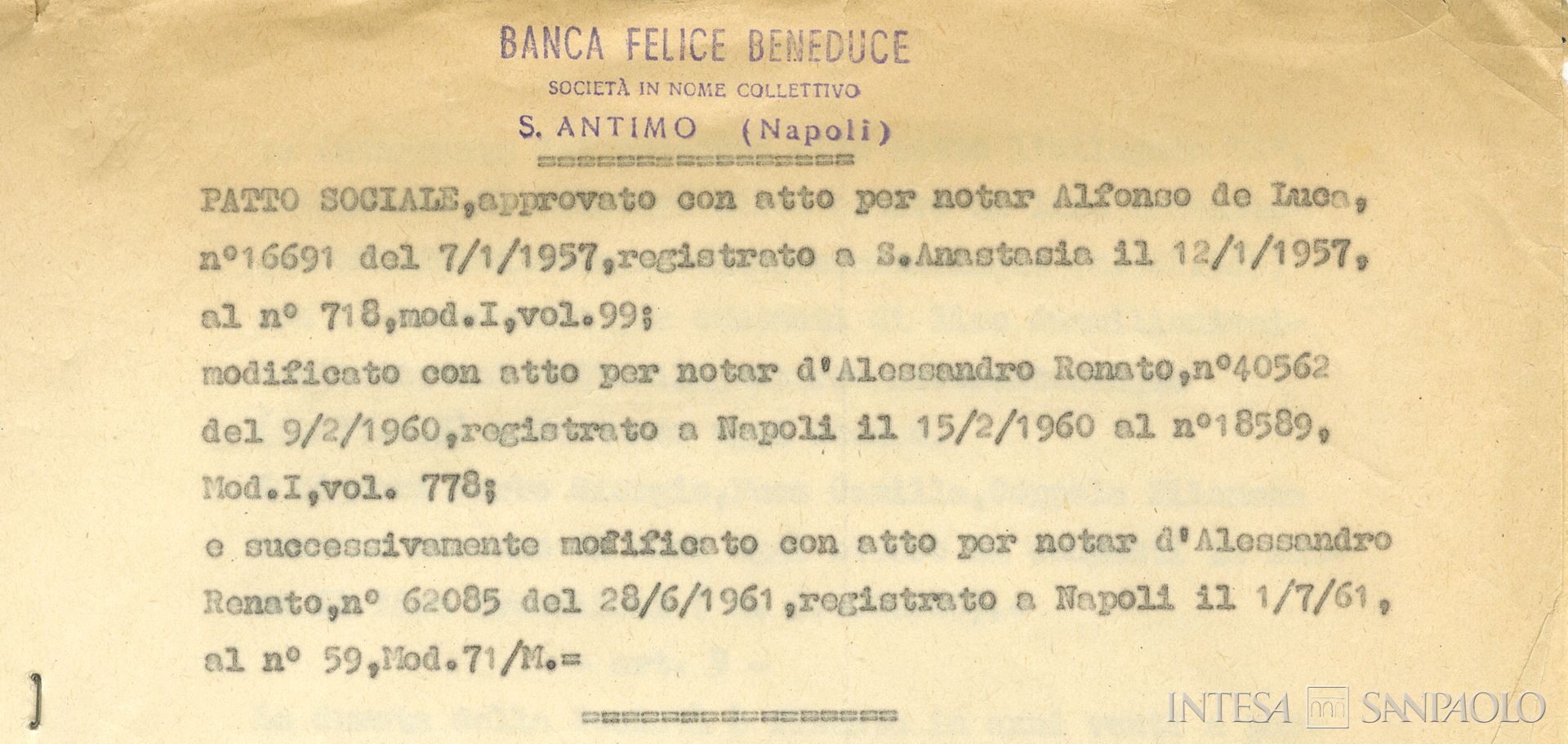 Banca Felice Beneduce, particolare della pagina estratta dall'atto di costituzione e successive modifche della società in nome collettivo, 7 gennaio 1957