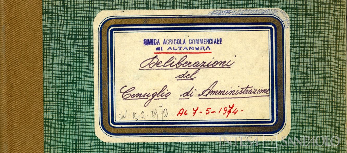 Banca Agricola Commerciale di Altamura, dettaglio del frontespizio del volume delle Deliberazioni del Consiglio di Amministrazione, 1972-1974