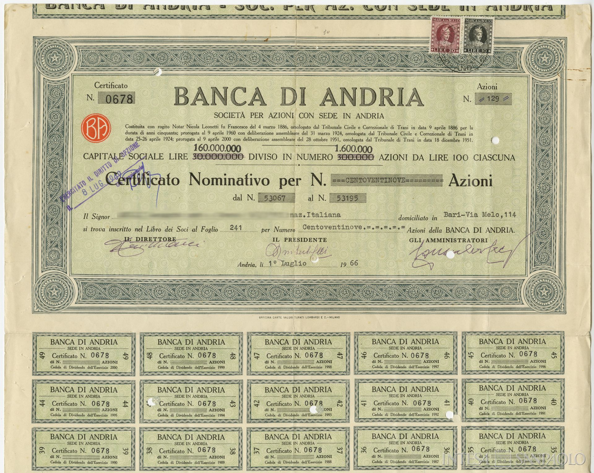 Banca di Andria, certificato azionario nominativo, 1966