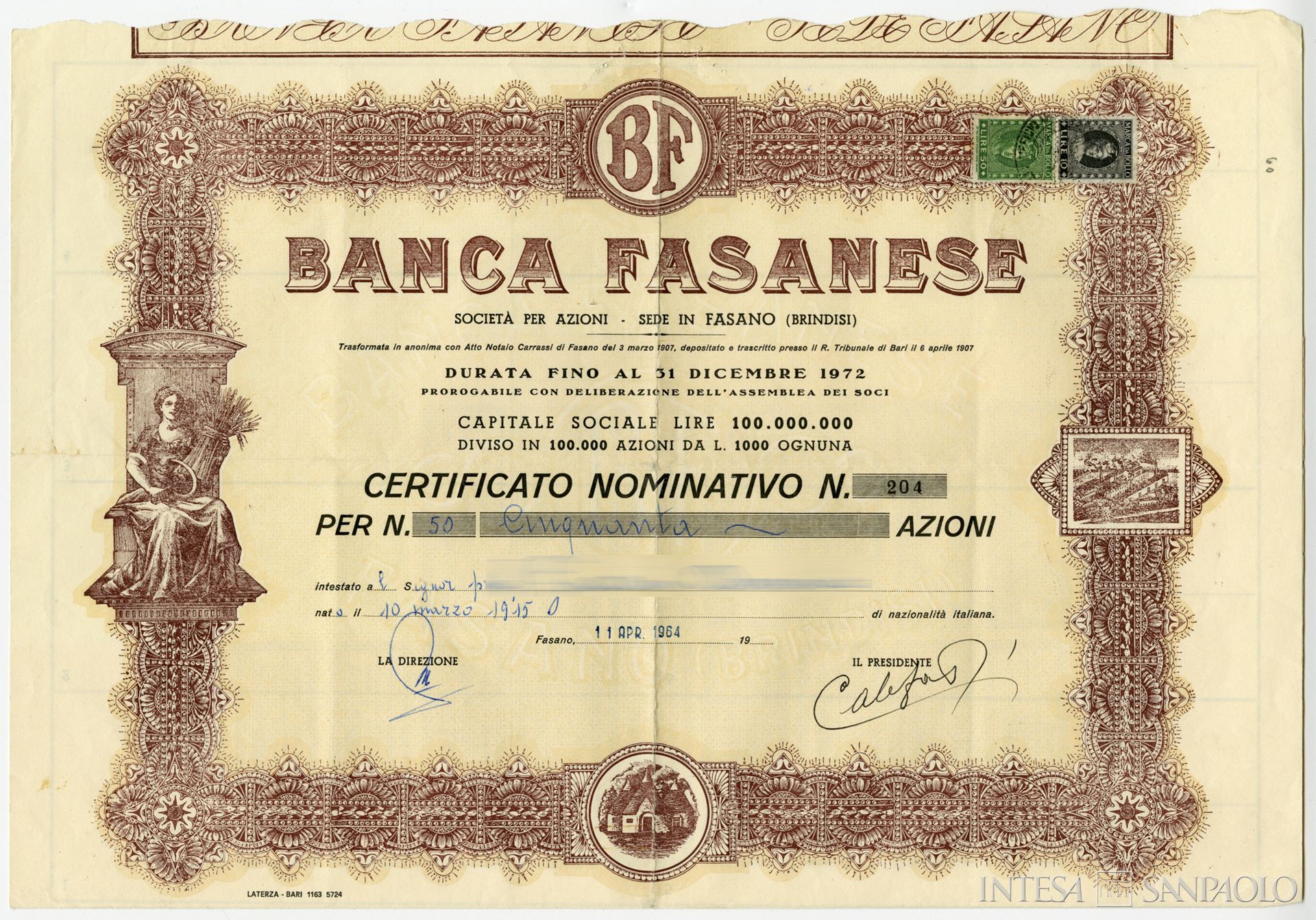 Banca Fasanese, certificato azionario nominativo, 1964