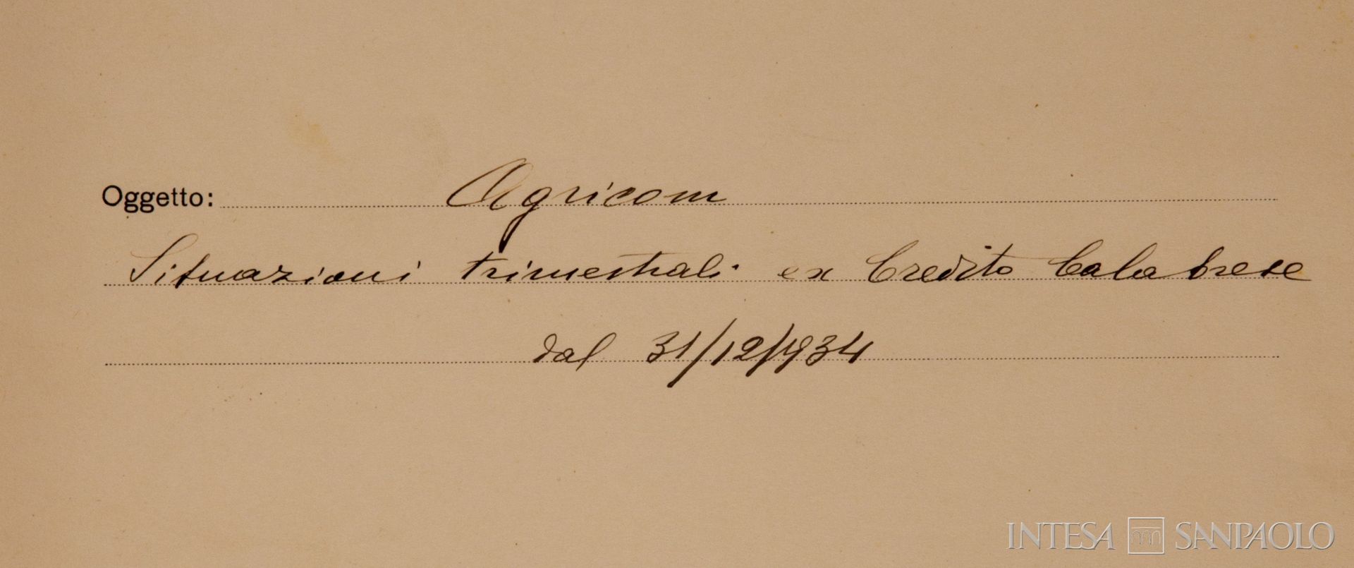 Credito Calabrese dettaglio del frontespizio di una cartella Agricom relativa alle situazioni trimestrali dell'ex Credito Calabrese, 1934 (Archivio Storico del Banco di Napoli)