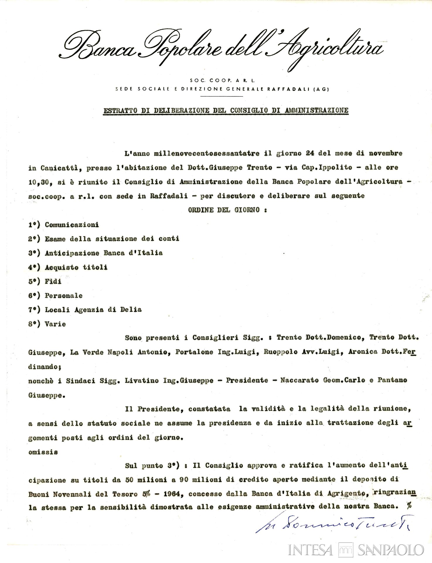Banca Popolare dell'Agricoltura, Verbali del Consiglio di Amministrazione, 24 novembre 1963 (Archivio Storico San Paolo)