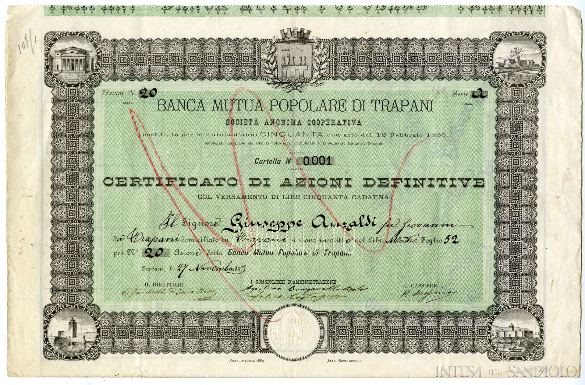 Banca Mutua Popolare di Trapani poi Banca Sicula, azione, 1883