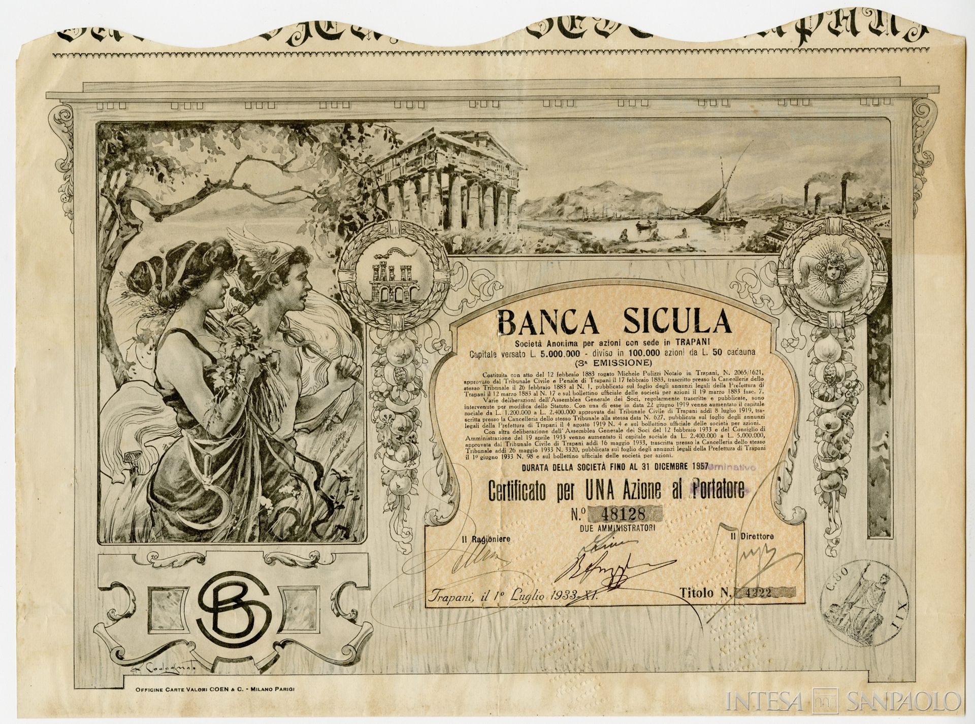 Banca Sicula, certificato da una azione al portatore, Trapani, 1933