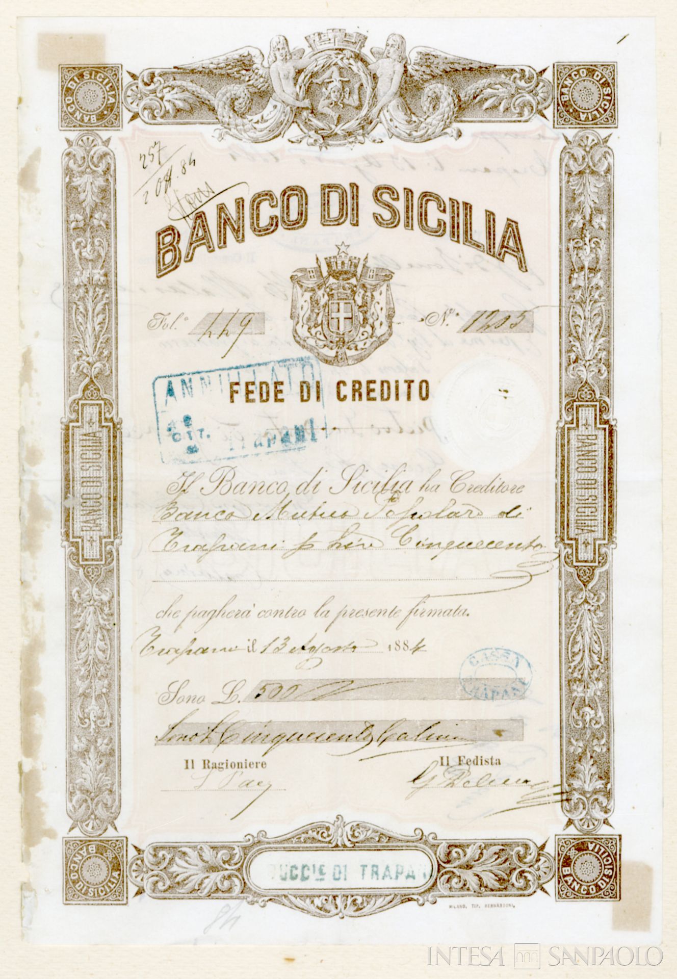 Banca Mutua Popolare di Trapani poi Banca Sicula, fede di credito del Banco di Sicilia che attesta il Banca Mutua Popolare di Trapani in qualità di creditore, 1884