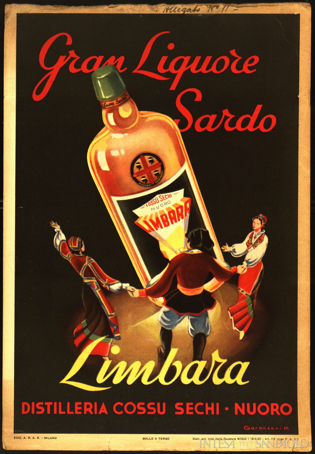 Credito Industriale Sardo, manifesto pubblicitario del liquore Limbara della distilleria Cossu Sechi di Nuoro, anni Cinquanta (illustrazione di P. Garanzani)