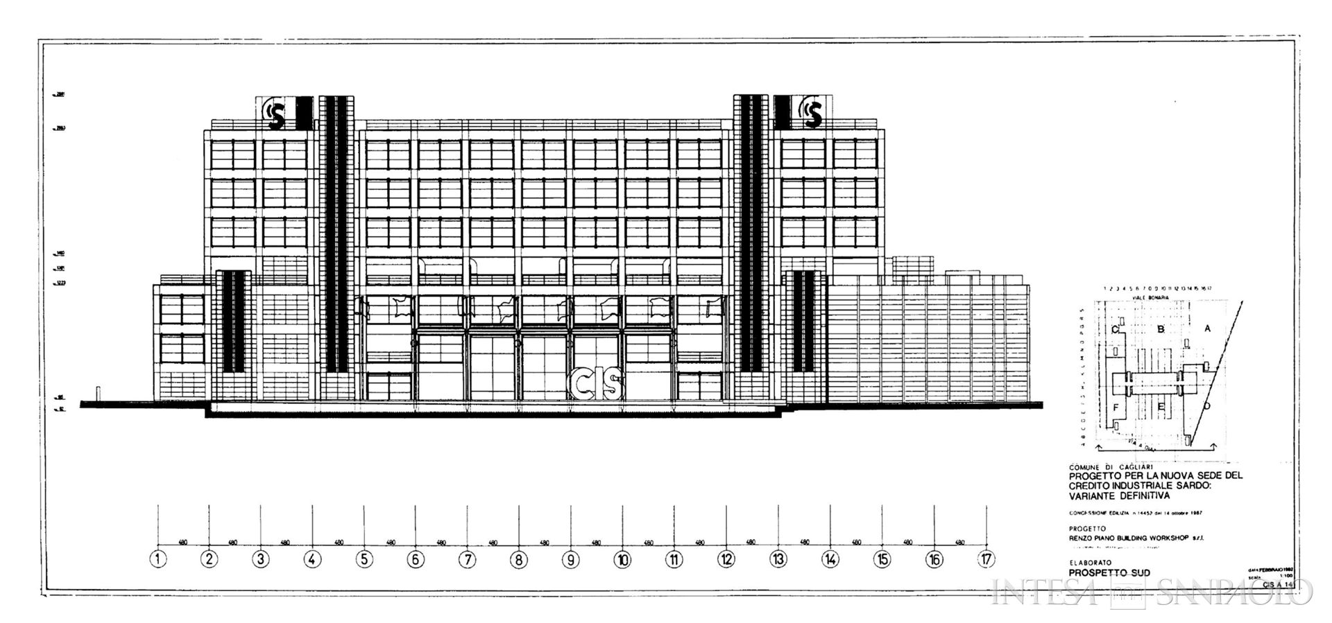 Credito Industriale Sardo, progetto Phoenix ad opera di Renzo Piano per la costruzione della nuova sede a Cagliari, 1992 (fotografo sconosciuto)