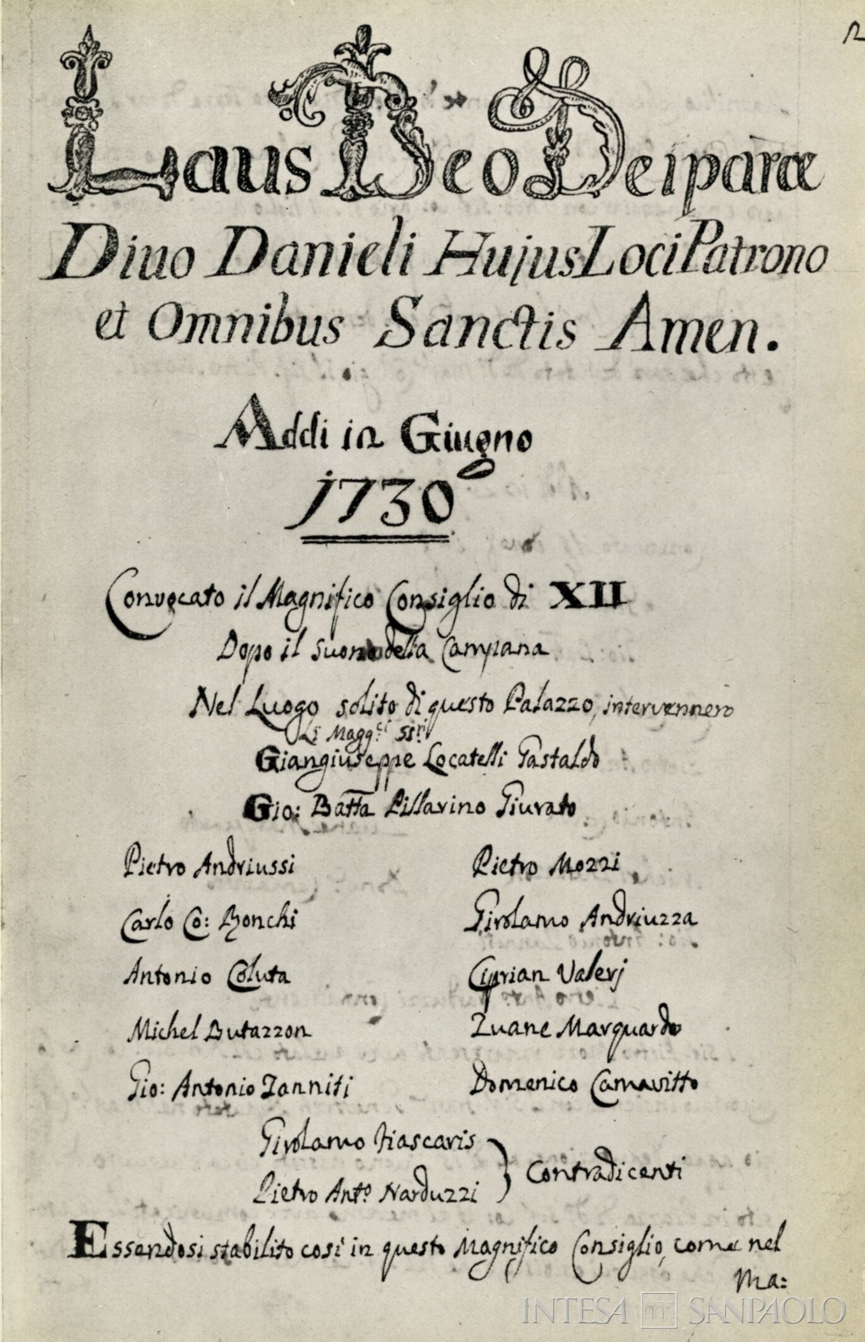 Monte di Pietà di San Daniele del Friuli, frontespizio del libro di Trascritti per la Fabbrica del Santo Monte di Pietà, 1730, documento tratto da Il Monte di Pietà di S. Daniele del Friuli nel quadrante della Storia Patria, 1956