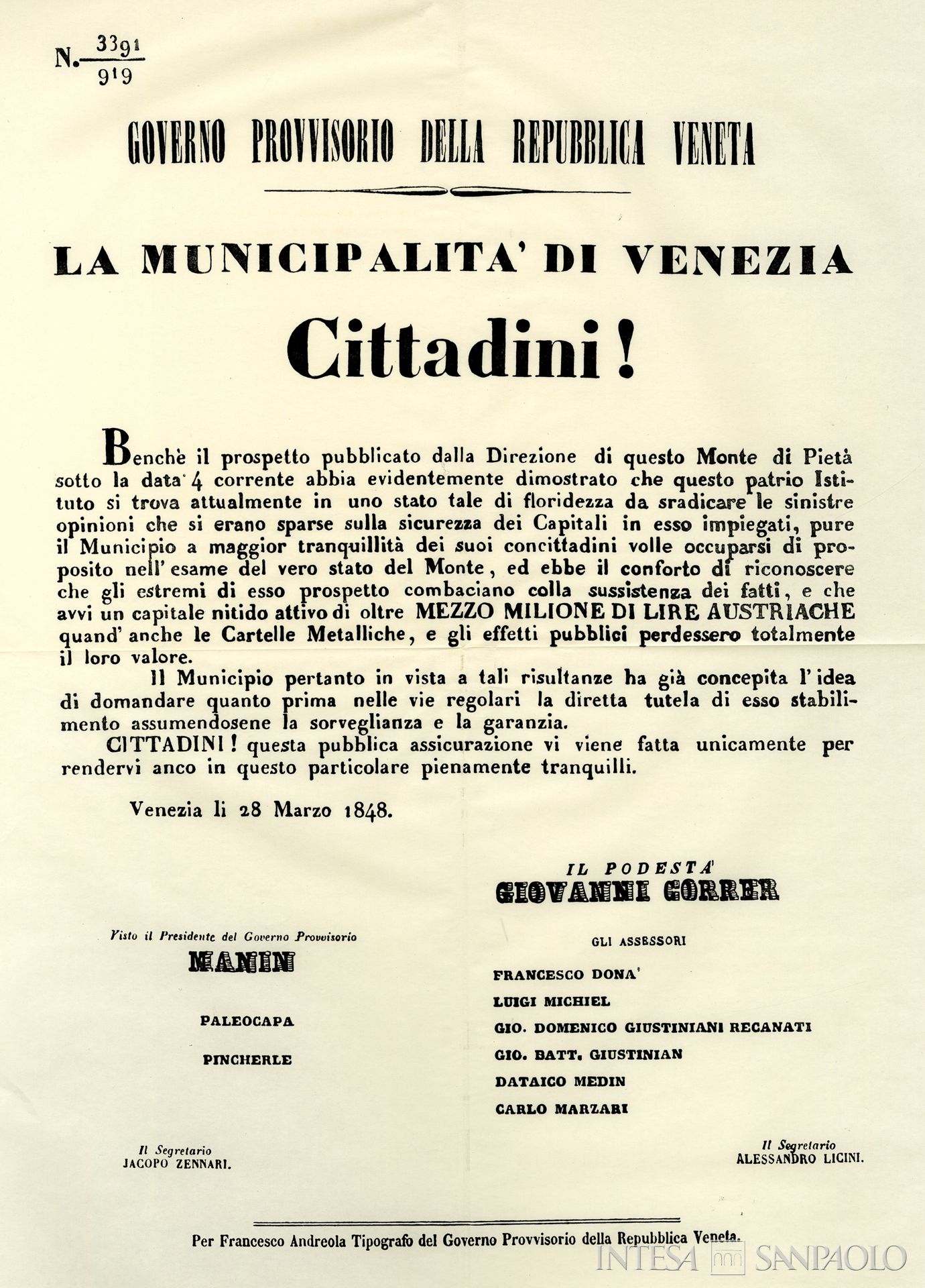 Monte di Pietà di Venezia, avviso firmato da Giovanni Correr durante il Governo Provvisorio della Repubblica Veneta che conferma la garanzia del Comune a tutela del Monte di Pietà, 1848