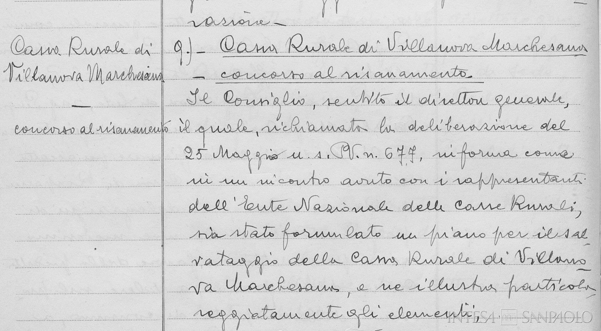 Cassa Rurale ed Artigiana di Villanova Marchesana, dettaglio del verbale del Consiglio di Amministrazione nelle quali la Cassa di Risparmio di Padova e Rovigo delibera il concorso nel risanamento dell'istituto, 25 giugno 1956