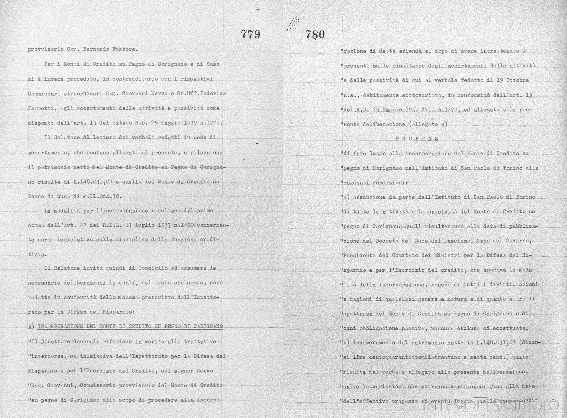 Monte di Credito su Pegno di Carignano, estratto del verbale del Consiglio di Amministrazione dell'Istituto Bancario San Paolo di Torino relativo all'incorporazione del Monte, 8 novembre 1940 (ASSP, IV, IBSP, Verbali del Cda 1940, 1368)