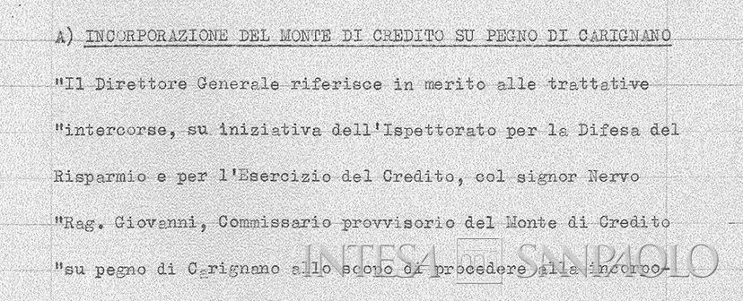 Monte di Credito su Pegno di Carignano, dettaglio dell'estratto del verbale del Consiglio di Amministrazione dell'Istituto Bancario San Paolo di Torino relativo all'incorporazione del Monte, 8 novembre 1940 (ASSP, IV, IBSP, Verbali del Cda 1940, 1368)