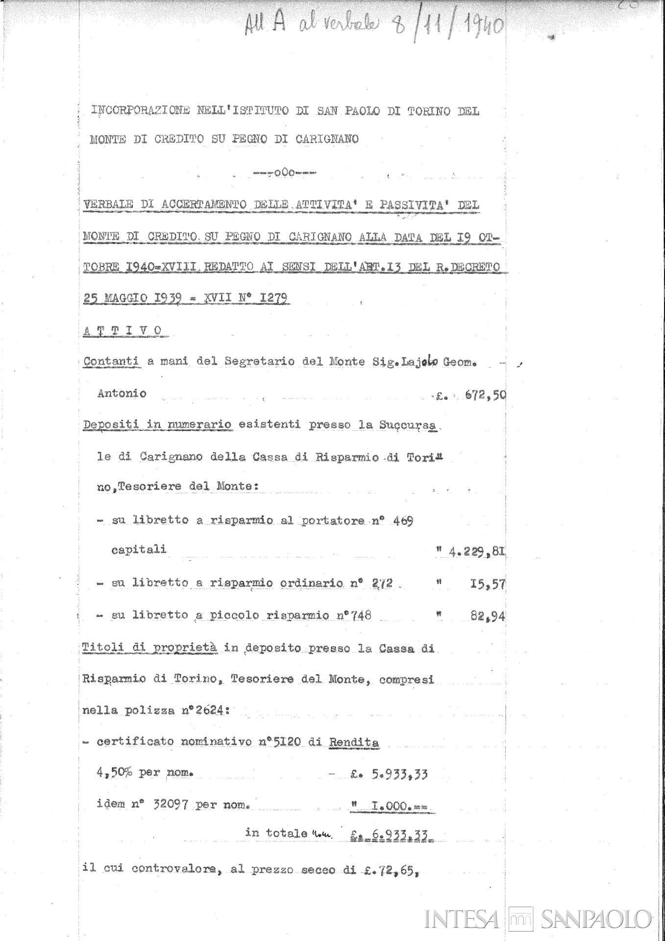 Monte di Credito su Pegno di Carignano, allegato al verbale del Consiglio di Amministrazione dell'Istituto Bancario San Paolo di Torino relativo all'incorporazione del Monte, 8 novembre 1940 (ASSP, II, ISPT-FC, Allegati ai verbali del Cda 1940, 132)