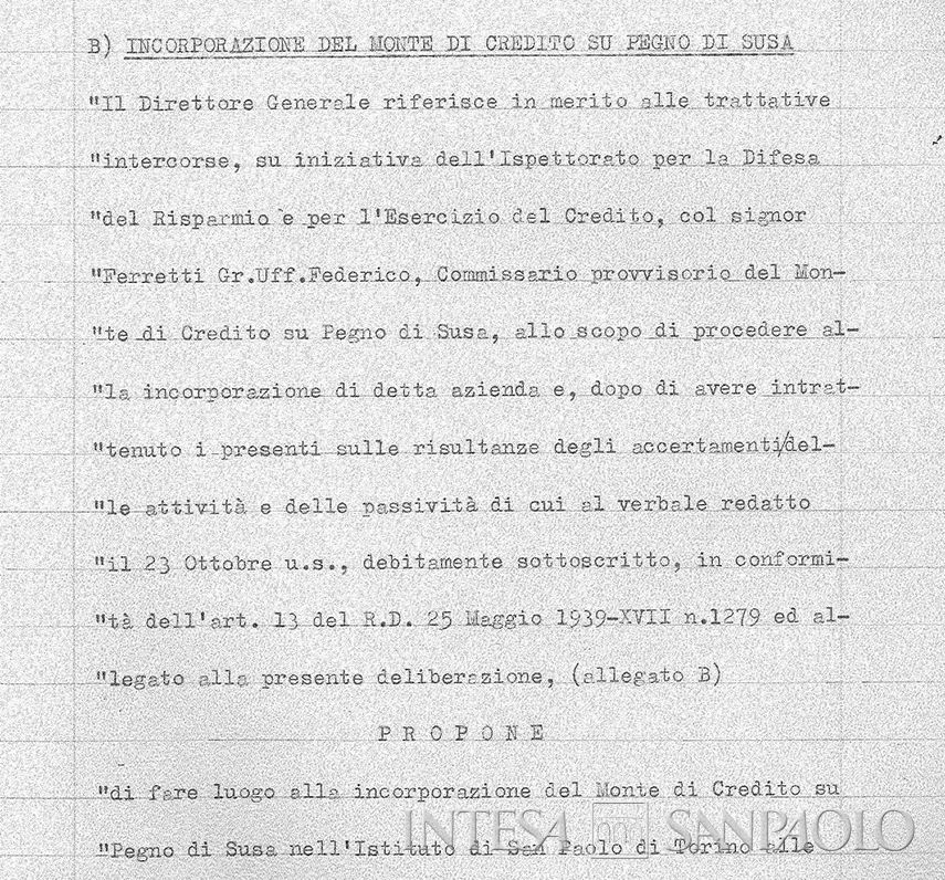 Monte di Credito su Pegno di Susa, dettaglio dell'estratto del verbale del Consiglio di Amministrazione dell'Istituto Bancario San Paolo di Torino relativo all'incorporazione del Monte, 8 novembre 1940 (ASSP, IV, IBSP, Verbali del Cda 1940, 1368)