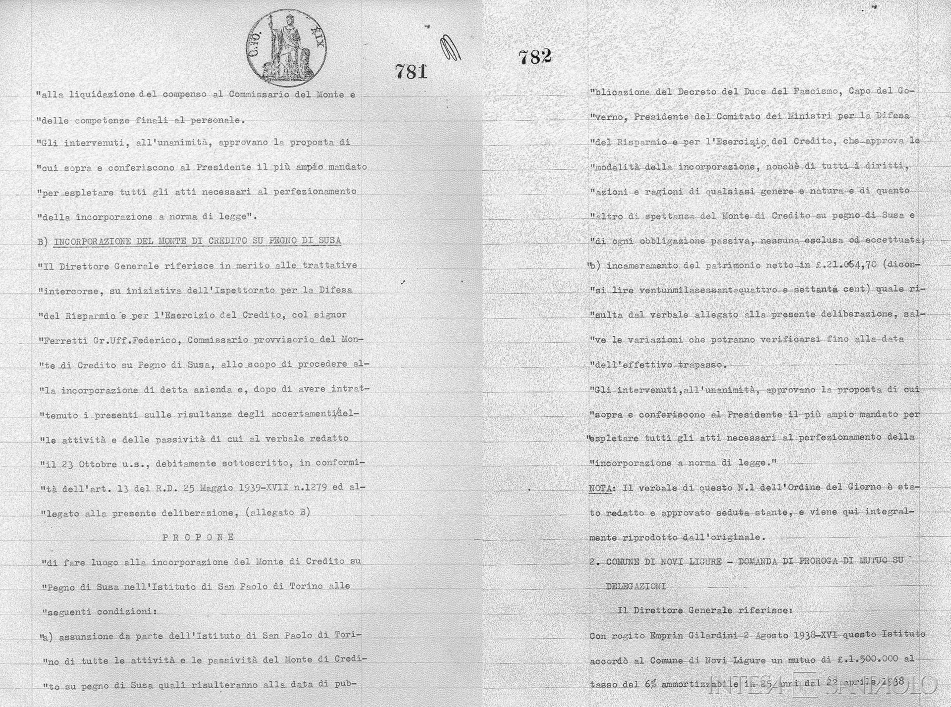 Monte di Credito su Pegno di Susa, estratto del verbale del Consiglio di Amministrazione dell'Istituto Bancario San Paolo di Torino relativo all'incorporazione del Monte, 8 novembre 1940 (ASSP, IV, IBSP, Verbali del Cda 1940, 1368)