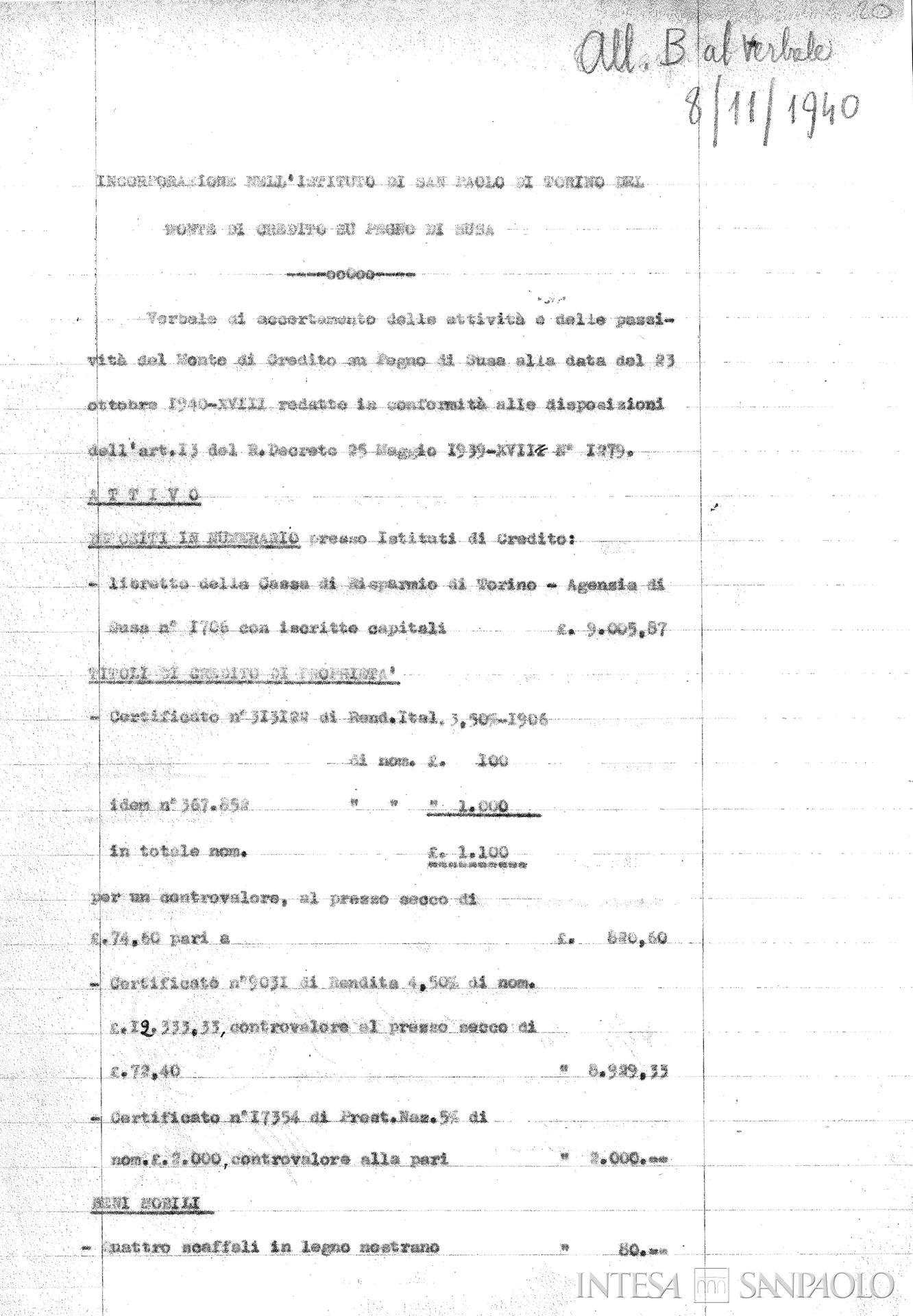 Monte di Credito su Pegno di Susa, estratto dell'allegato del verbale del Consiglio di Amministrazione dell'Istituto Bancario San Paolo di Torino relativo all'incorporazione del Monte, 8 novembre 1940 (ASSP, II, ISPT-FC, Allegati ai verbali del Cda 1940, 132)