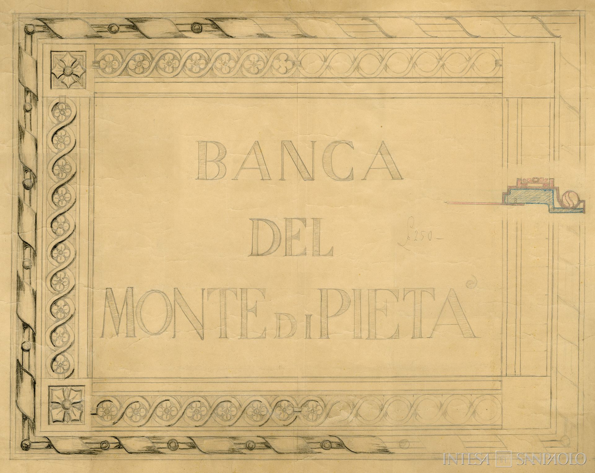 Monte di Pietà di Cremona - sezione credito, tavola di progetto per l'insegna su Palazzo Fodri, sede dell'istituto, 1908 circa