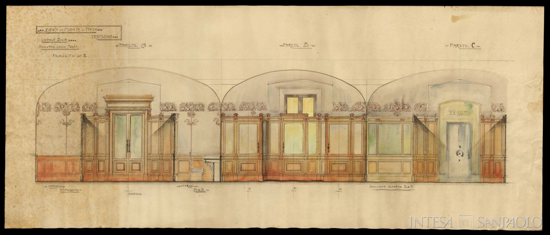 Monte di Pietà di Cremona - sezione credito, Palazzo Fodri, sede dell'istituto, tavola di progetto per il locale box, 1906 circa