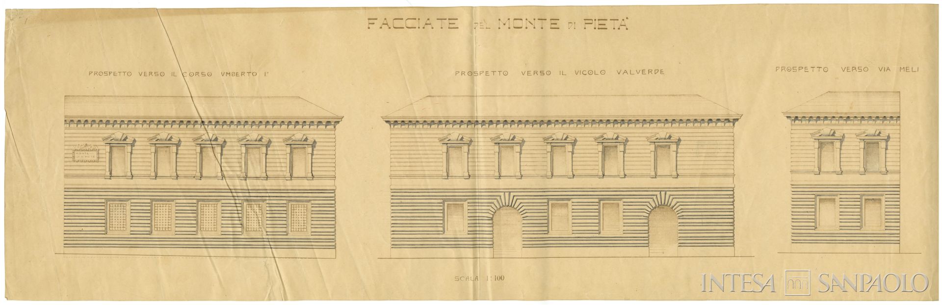 Monte di Pietà di Cremona - sezione credito, Palazzo Fodri, sede dell'istituto, tavola di progetto relativa alle facciate, 1906 circa