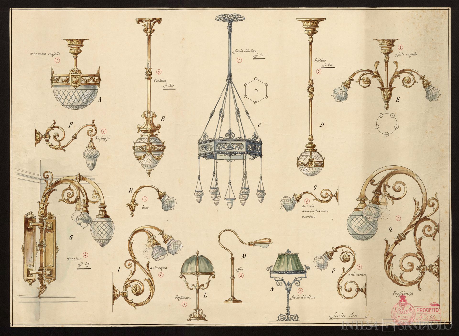 Monte di Pietà di Cremona - sezione credito, tavola di progetto per lampade e lampadari di Palazzo Fodri, sede dell'istituto, 1914-1915 circa (progetto della Ditta G. Bajetta)