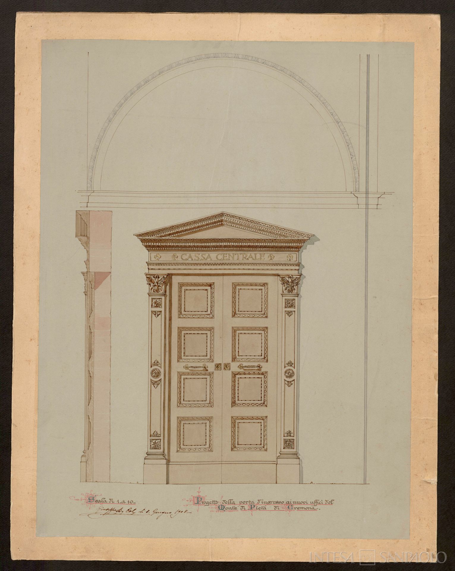 Monte di Pietà di Cremona - sezione credito, tavola di progetto per la porta di ingresso ai nuovi uffici di Palazzo Fodri, sede dell'istituto, 1908 (disegno di progetto di Giuseppe De Col)