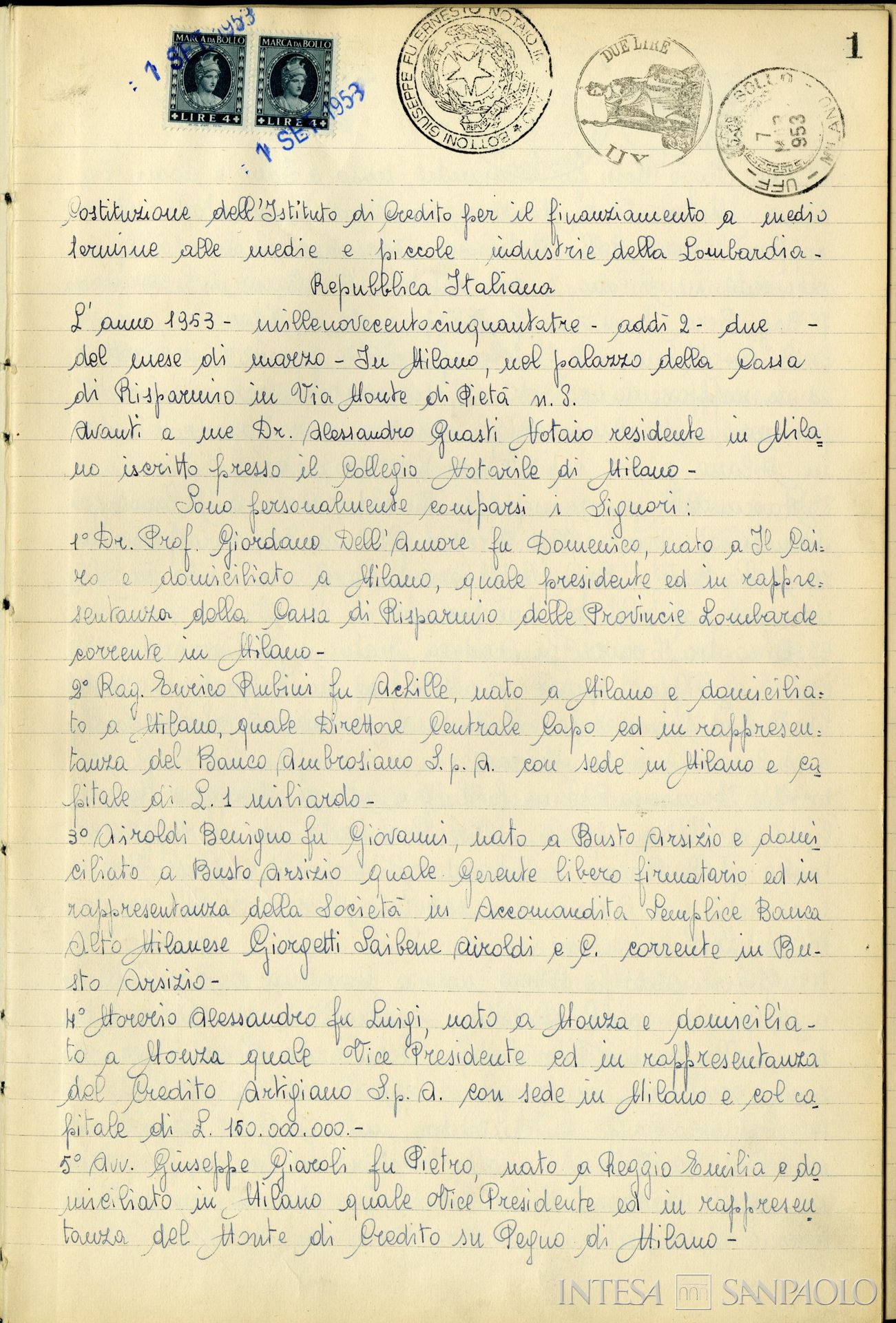 Mediocredito Lombardo, costituzione dell'Istituto di Credito per il finanziamento a medio termine alle medie e piccole industrie della Lombardia, 2 marzo 1953