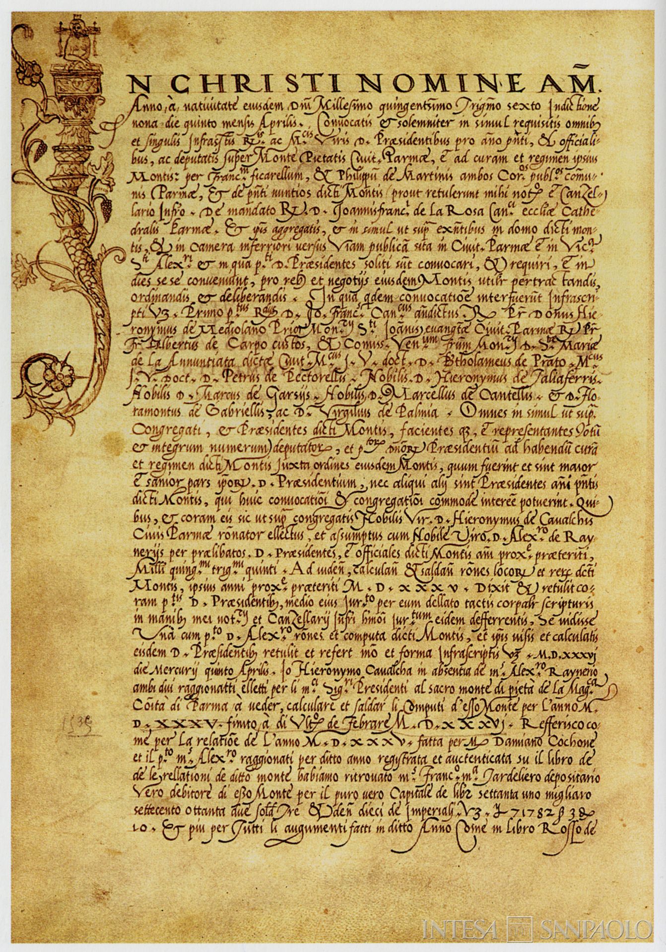 Sacro Monte della Pietà di Parma, prima pagina dei verbali dell'Istituto, documento datato 5 aprile 1536, tratto da Sacri recinti del credito, 2005