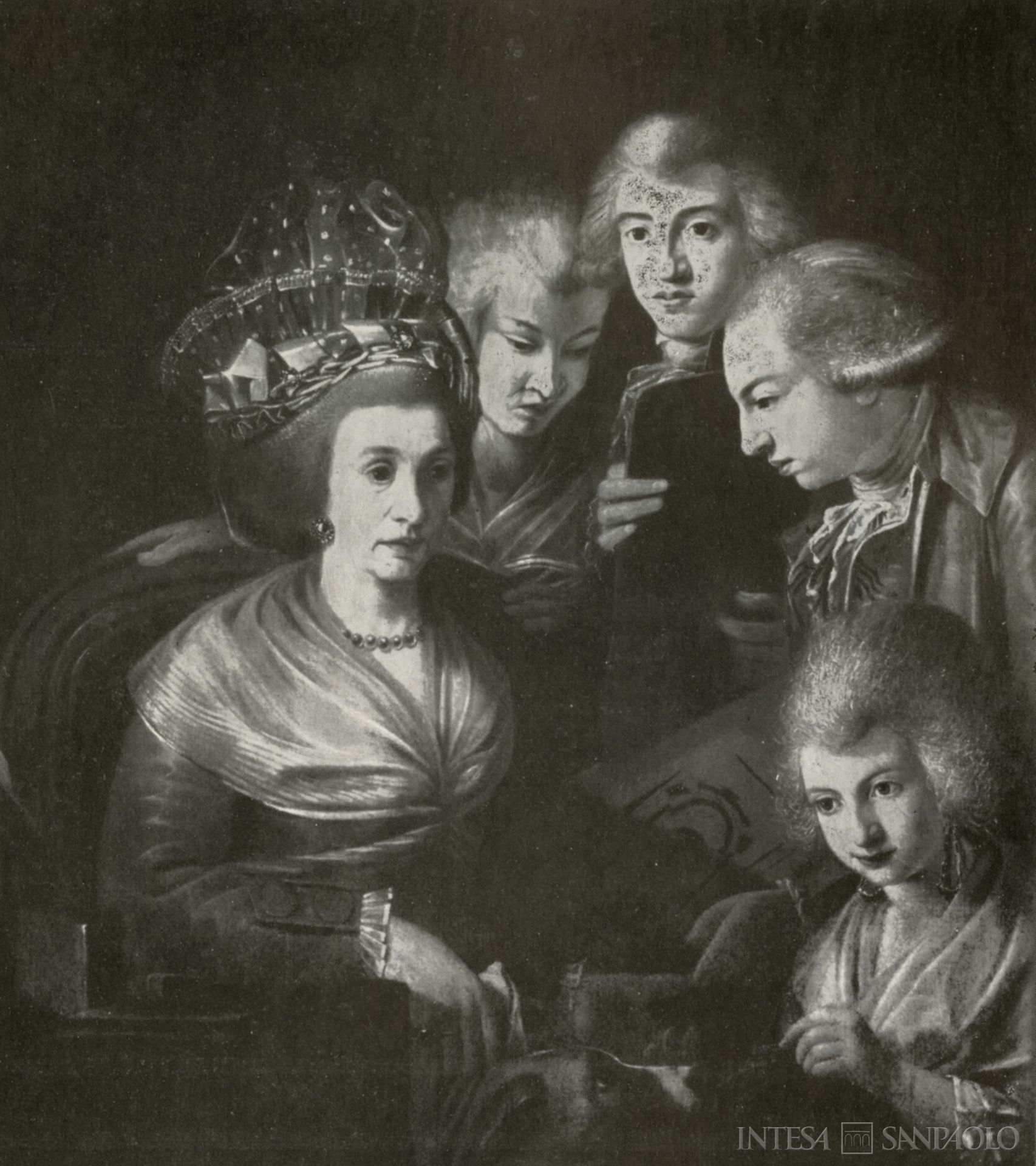 Sacro Monte della Pietà di Parma, Maria Chepj, benefattrice del Monte di Pietà morta nel 1842, con la famiglia in un quadro di Johann Zoffany, dell'ultimo quarto del secolo XVIII, illustrazione tratta da Il Monte di Pietà di Parma, Cenni storici illustrati, 1955