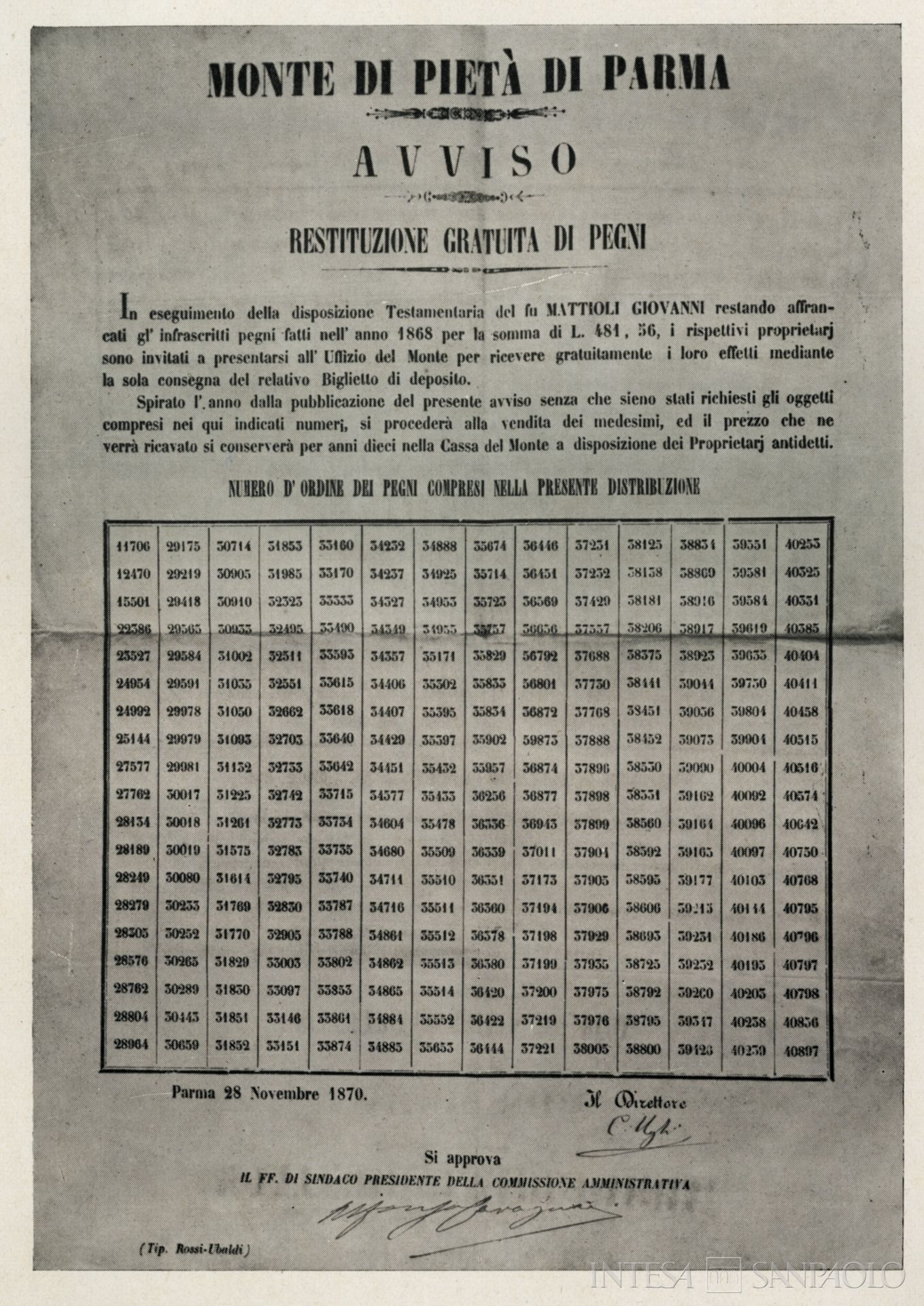 Sacro Monte della Pietà di Parma, elenco di 166 pegni che vengono restituiti gratuitamente, 28 novembre 1870, documento tratto da Il Monte di Pietà di Parma, Cenni storici illustrati, 1955