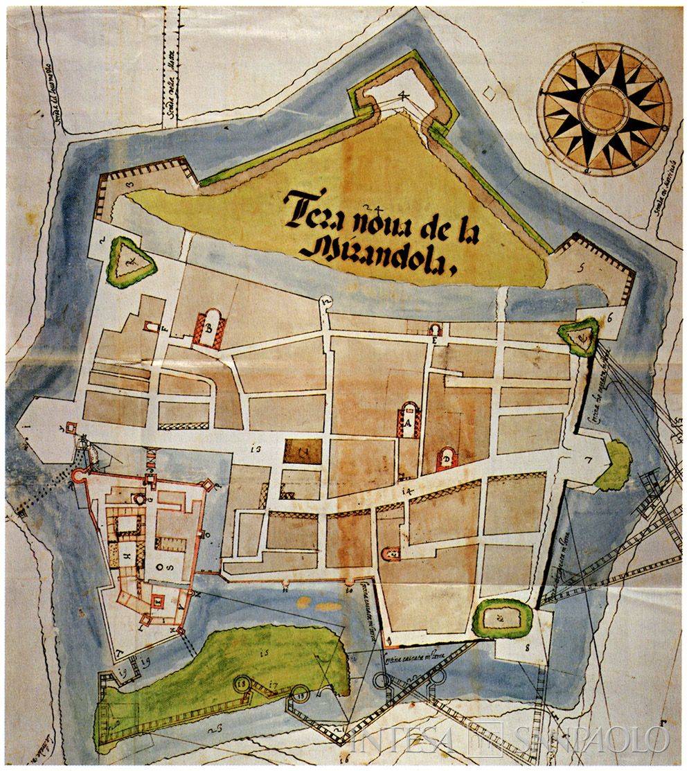 Monte di Credito su Pegno di Mirandola, pianta della Mirandola con la tera nova disegnata da Giambattista Pelori nel 1551-52, illustrazione tratta da Sacri recinti del credito. Sedi e storie dei Monti di pietà in Emilia-Romagna