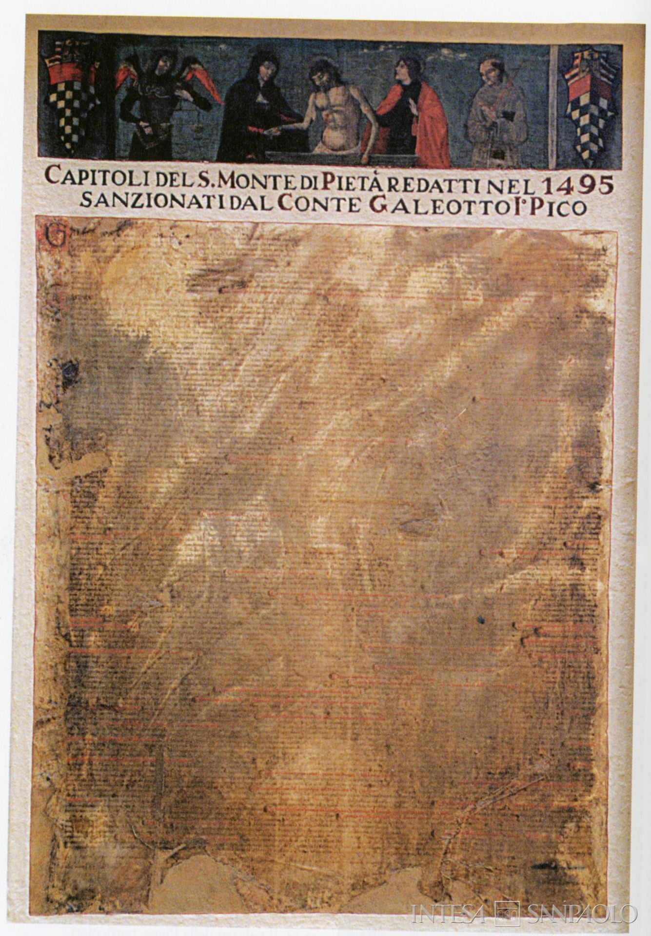 Monte di Credito su Pegno di Mirandola, frontespizio dei capitoli del Santo Monte di Pietà di Mirandola, 1495, documento tratto da La Cassa di Risparmio e Monte di Credito su Pegno di Mirandola nei suoi primi cento anni. 1864-1963, 1964