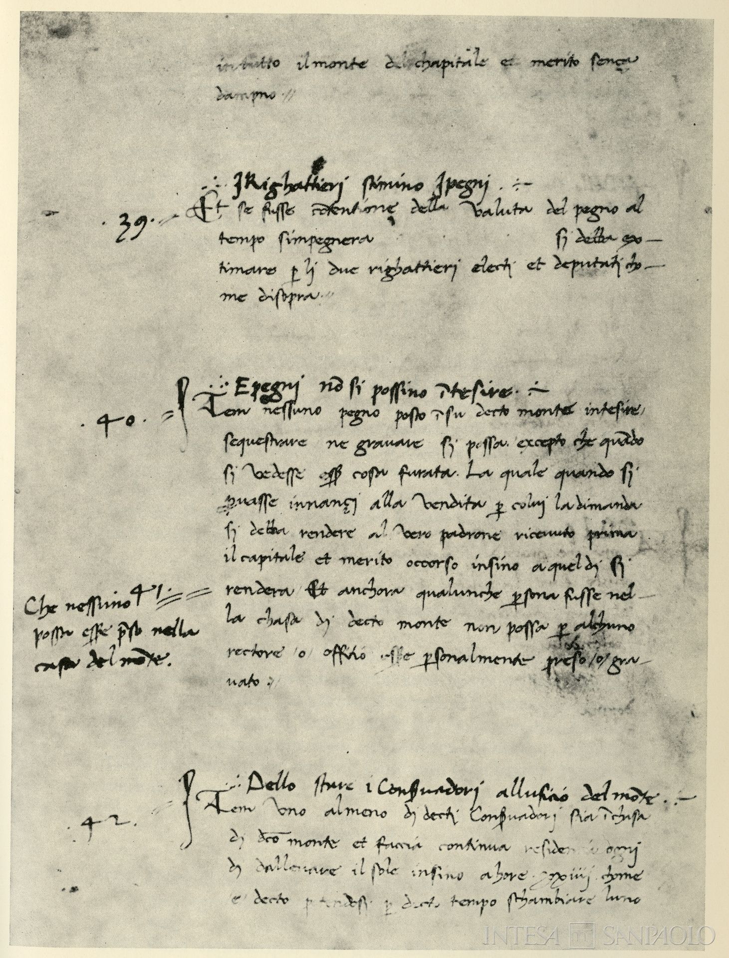 Monte di Pietà di Pistoia, una pagina dei primi Capitoli del 1473, documento tratto da Il Monte della Pietà a Pistoia e le sue origini, 1976